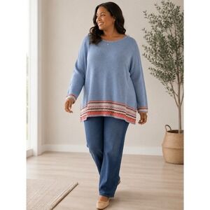 NorthStyle Blue Cotton Knit Southwestern Fair Isle Trim Sweater Womens 3X Boho